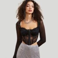 Sheer Lace Corset Top – Black | Long Sleeve