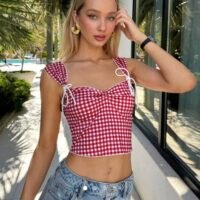 Gingham Lace-Tie Sweetheart Crop Top – Red & White Check