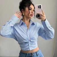 Blue Pinstripe Ruched Crop Shirt –