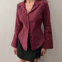 Wine-Red Pinstripe Fitted Blazer Top